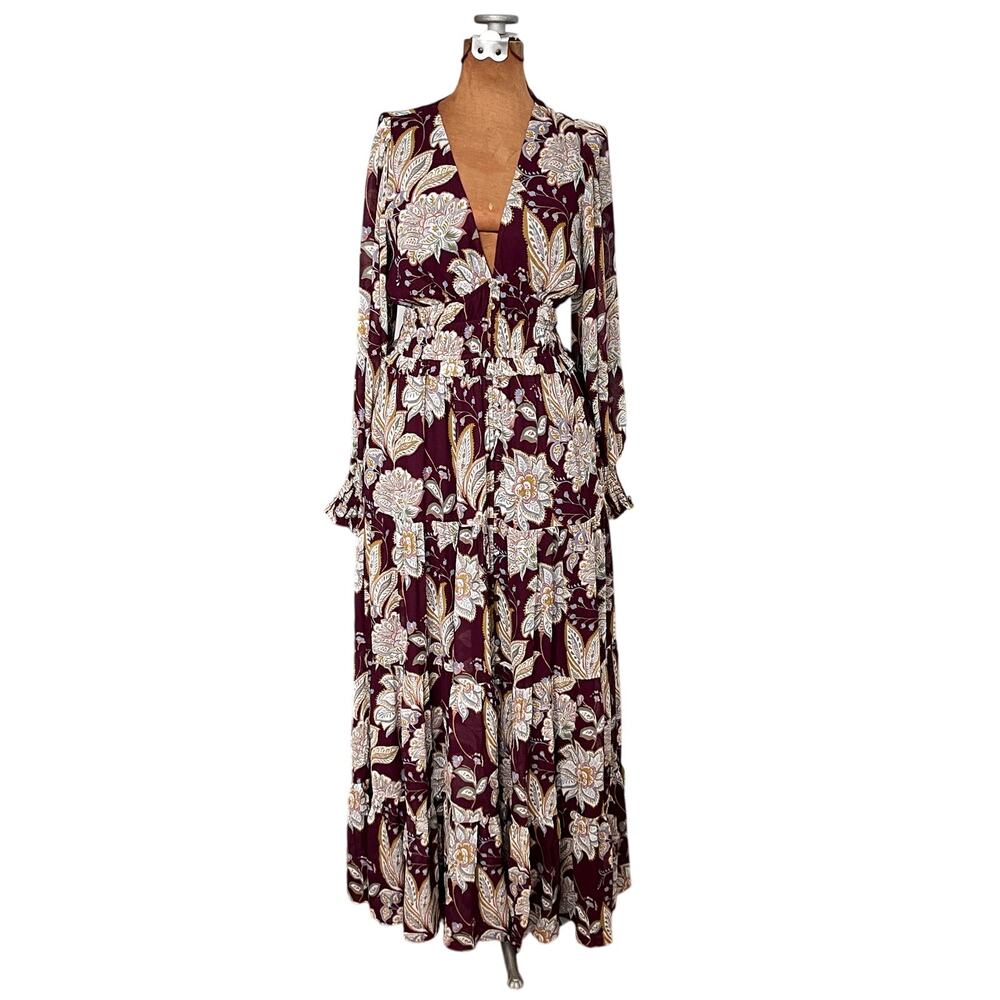 Yumi Kim Sz M Frida Maxi Dress Maroon Paisley Cinch Waist Wedding Guest Feminine - Picture 2 of 16